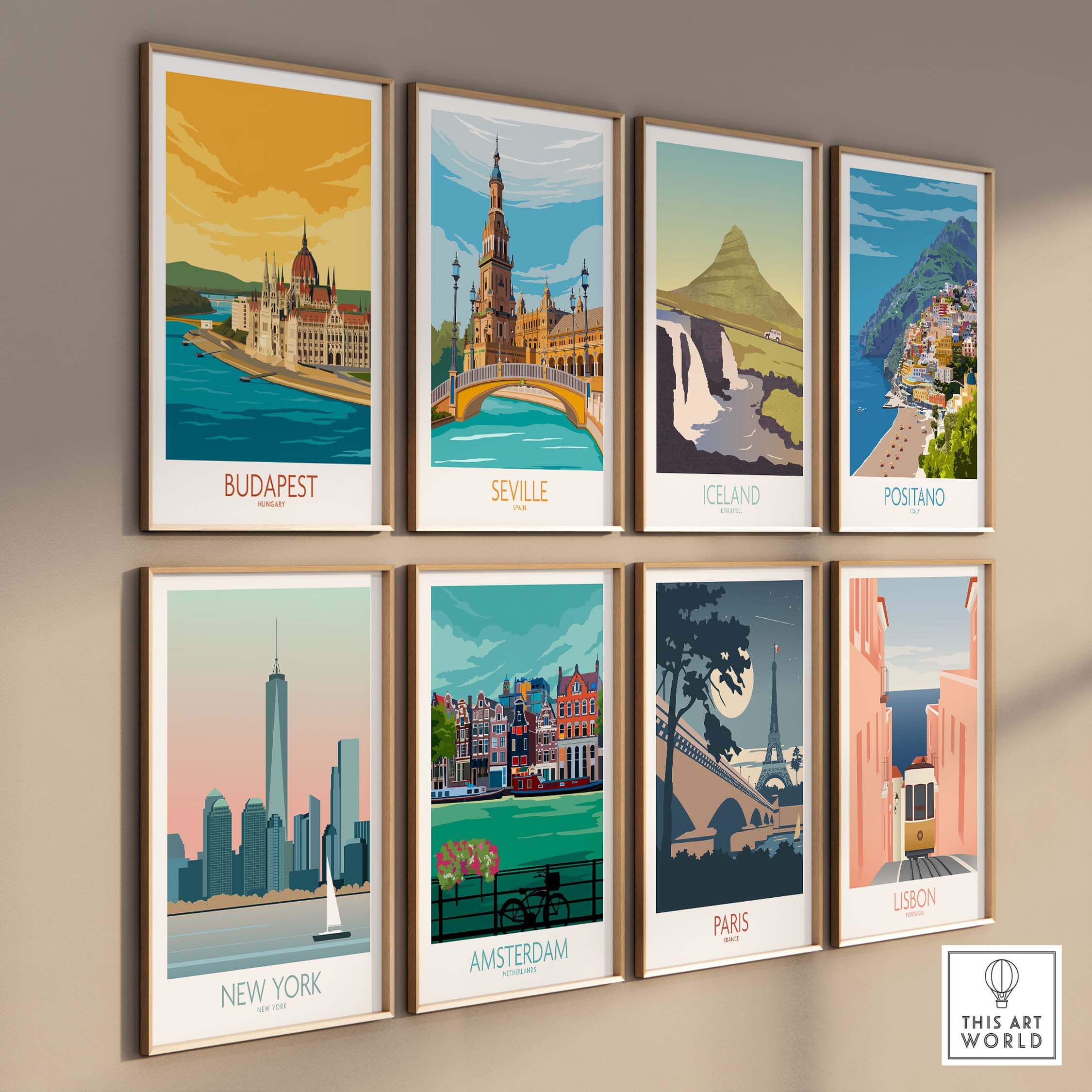 Collection of vintage travel posters featuring Budapest, Seville, Iceland, Positano, New York, Amsterdam, Paris, and Lisbon.