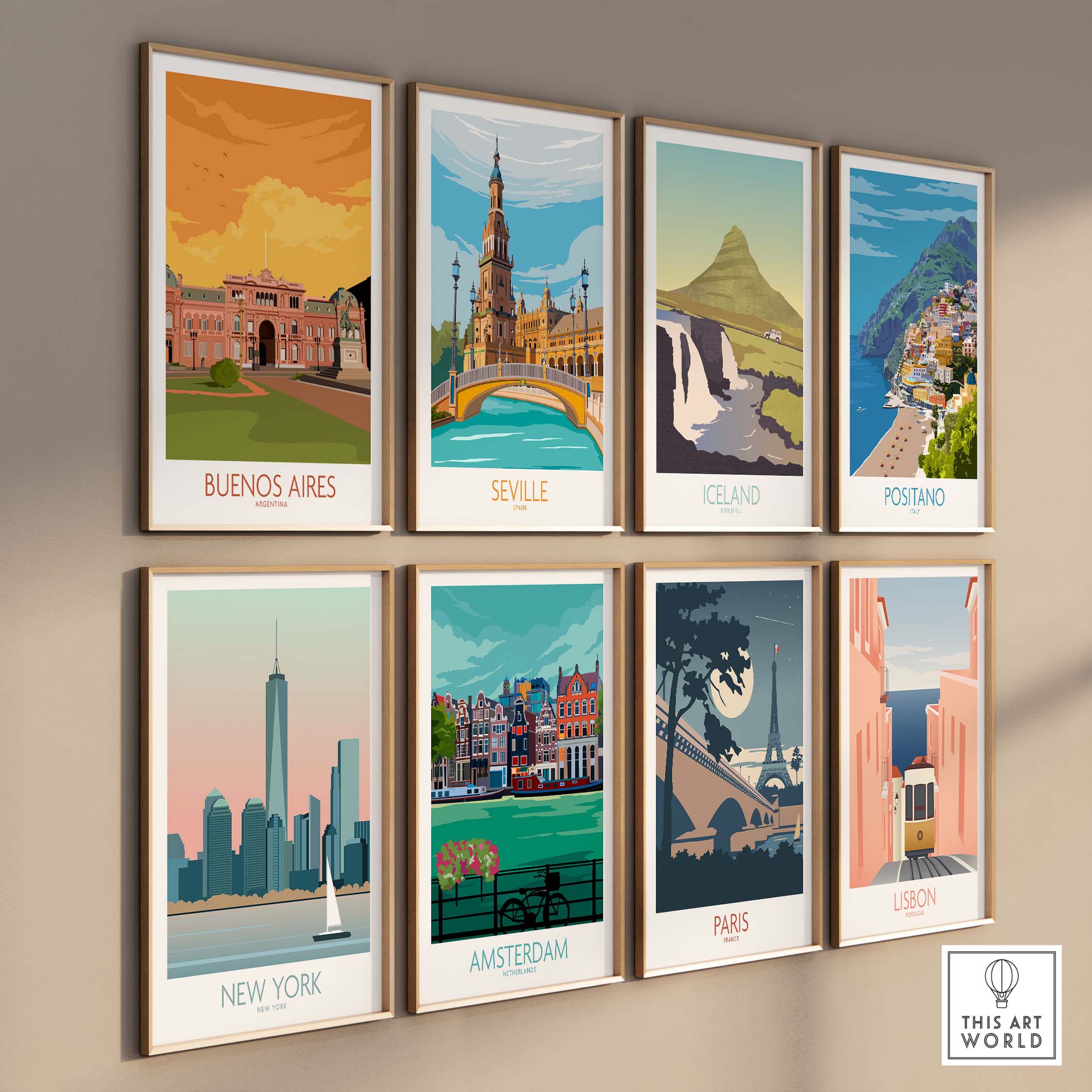 Colorful travel posters showcasing Buenos Aires, Seville, Iceland, Positano, New York, Amsterdam, Paris, and Lisbon.