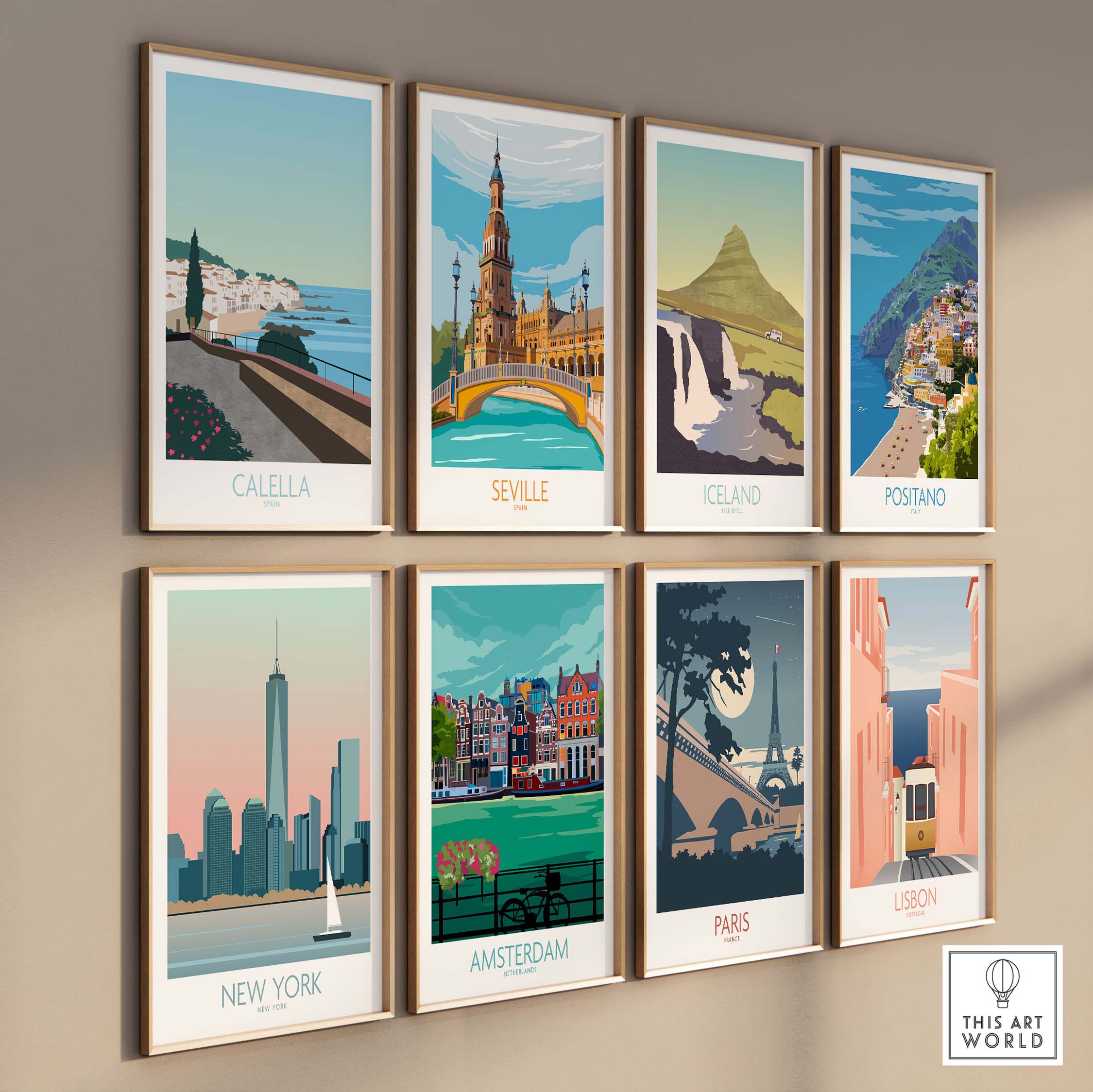 Collection of vintage travel posters featuring Calella, Seville, Iceland, Positano, New York, Amsterdam, Paris, and Lisbon.