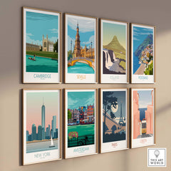 Vintage travel art prints showcasing cities like Cambridge, New York, and Paris, perfect for home or office decor.