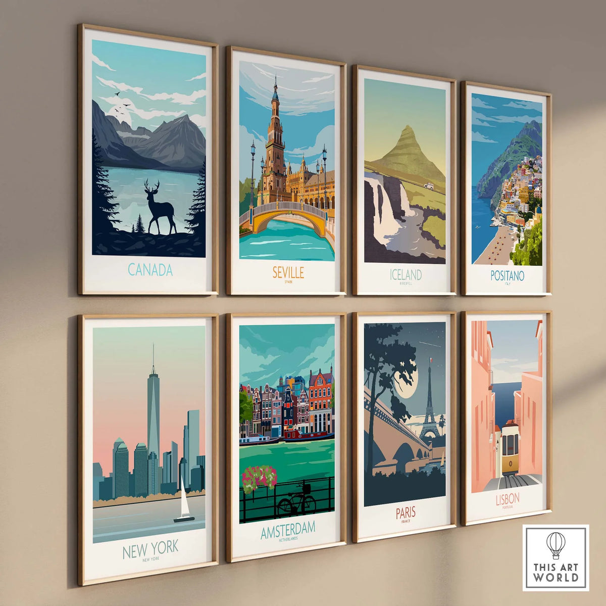 Collection of vintage travel posters including Canada, Seville, Iceland, and more displayed on a wall.