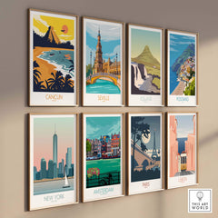 Collage of vintage travel poster prints including Cancun, Seville, Iceland, Positano, New York, Amsterdam, Paris, and Lisbon.