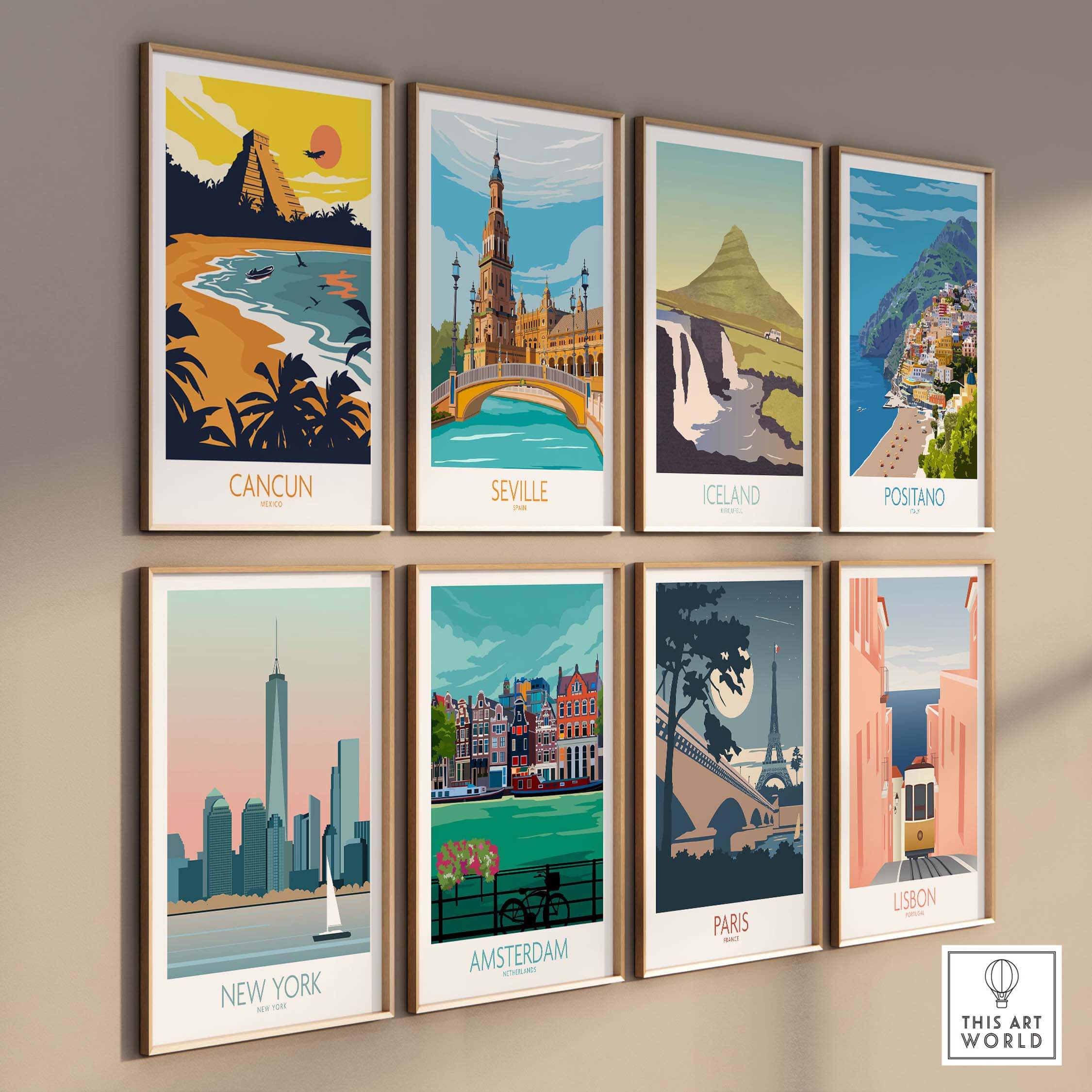 Collage of vintage travel poster prints including Cancun, Seville, Iceland, Positano, New York, Amsterdam, Paris, and Lisbon.