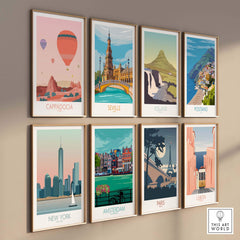Collection of vintage travel posters featuring Cappadocia, Seville, Iceland, Positano, New York, Amsterdam, Paris, and Lisbon.