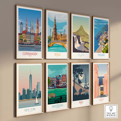 Copenhagen Wall Art Print among vintage travel posters featuring iconic cities like Seville, New York, and Paris in a stylish display.