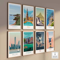 Collection of vintage-style travel posters featuring Cornwall, Seville, Iceland, Positano, New York, Amsterdam, Paris, and Lisbon.
