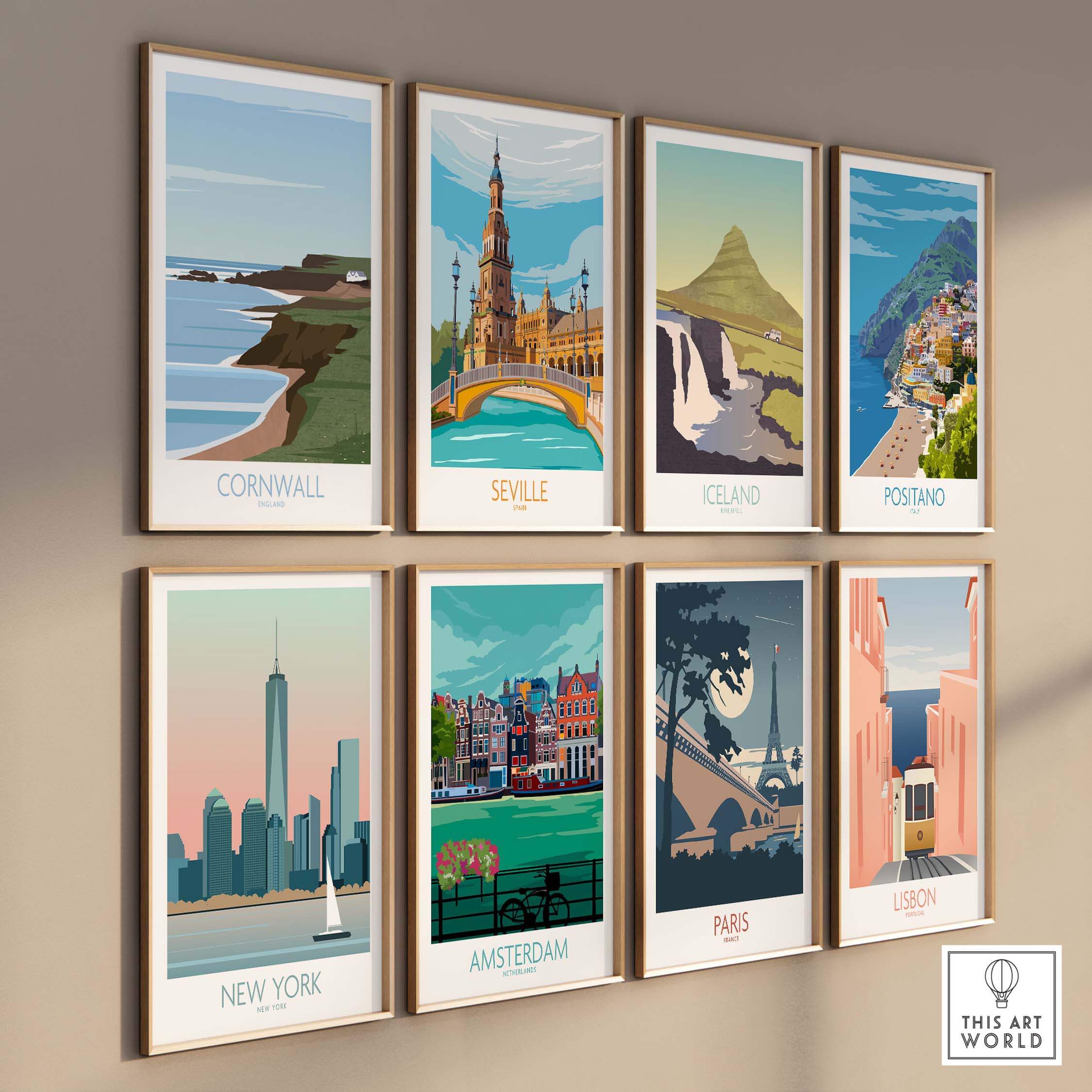 Collection of vintage-style travel posters featuring Cornwall, Seville, Iceland, Positano, New York, Amsterdam, Paris, and Lisbon.