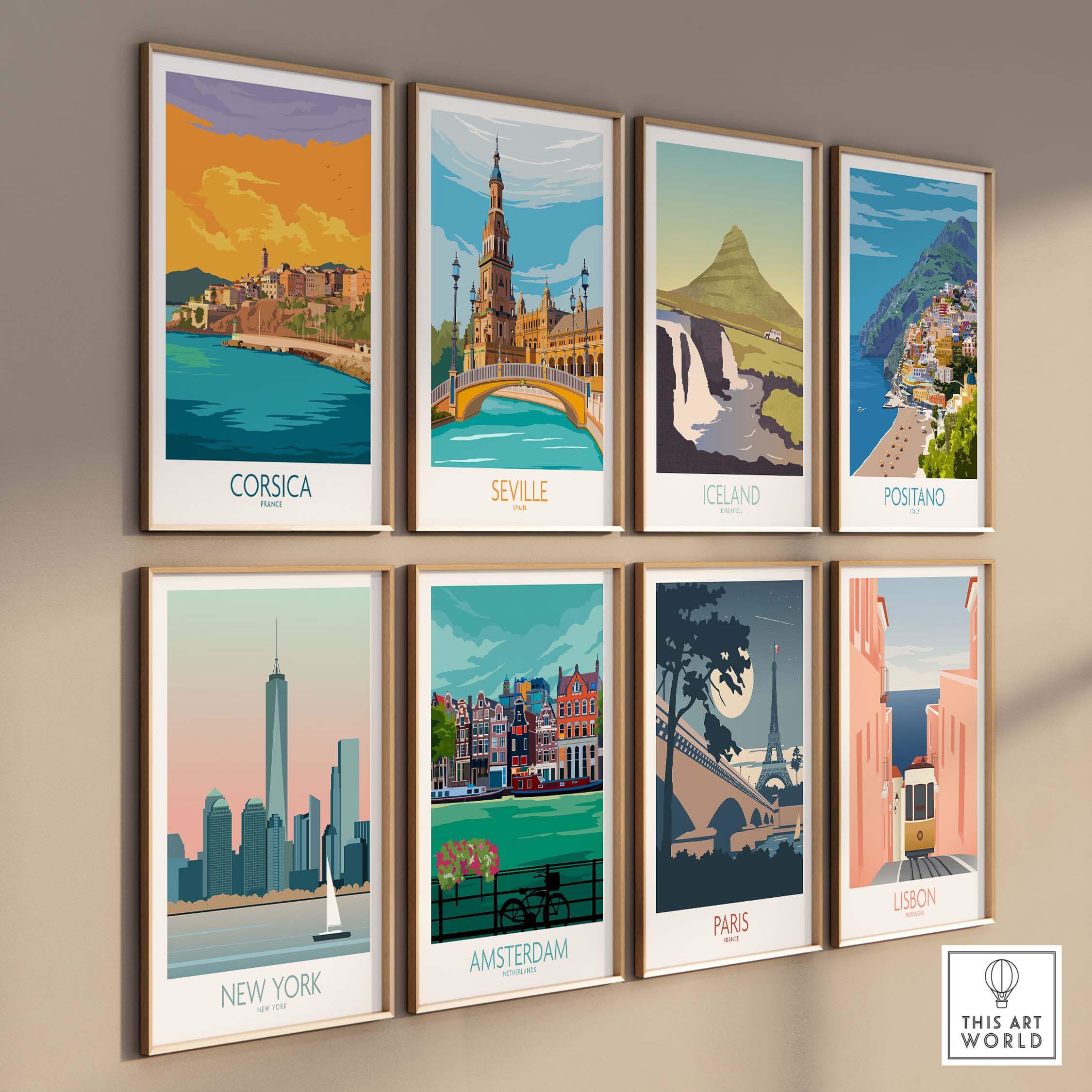 Vintage travel posters collection featuring destinations like Corsica, Seville, and Paris in stylish frames.