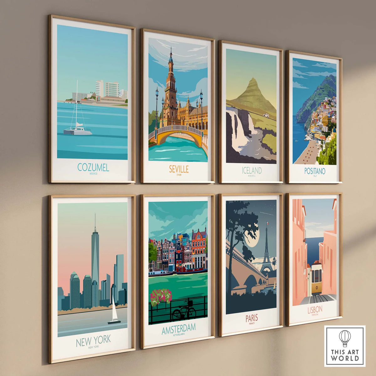 Collection of vintage travel posters featuring Cozumel, Seville, Iceland, Positano, New York, Amsterdam, Paris, and Lisbon.