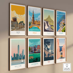 Gallery of vintage travel posters featuring Crete, Seville, Iceland, Positano, New York, Amsterdam, Paris, and Lisbon.