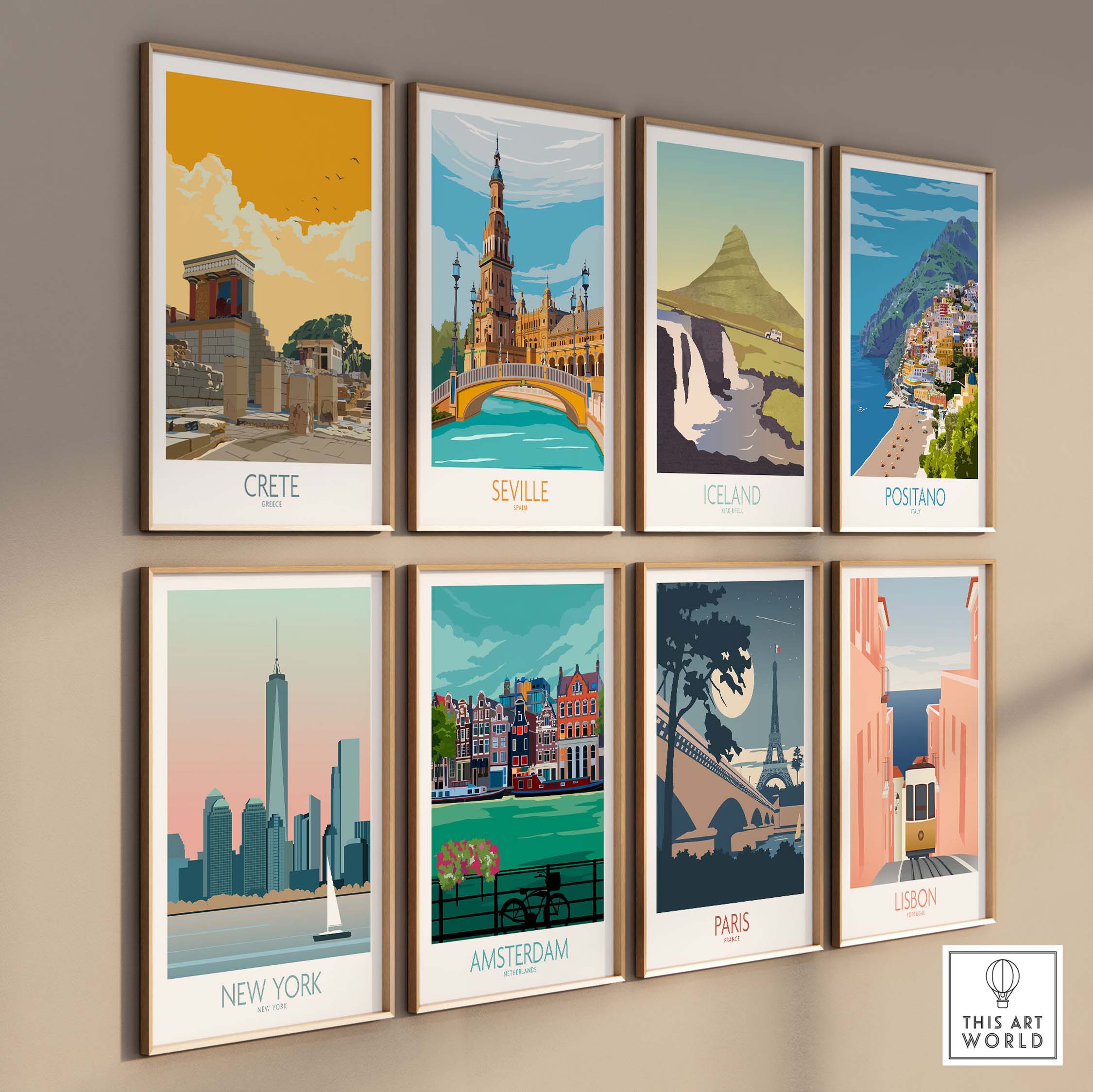 Gallery of vintage travel posters featuring Crete, Seville, Iceland, Positano, New York, Amsterdam, Paris, and Lisbon.