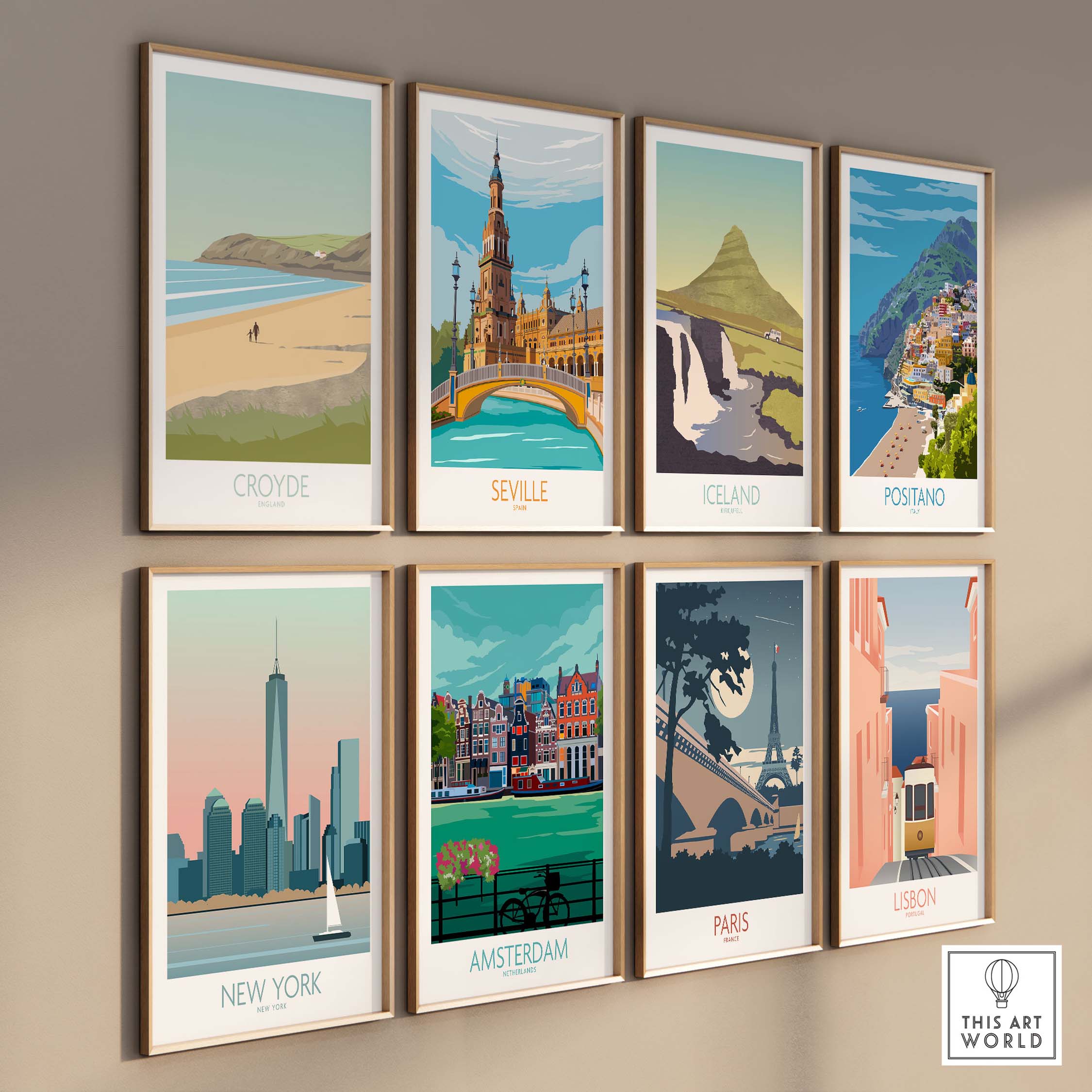 Eight vintage travel posters including Croyde Beach and iconic landmarks like Paris and New York, displayed in stylish frames.
