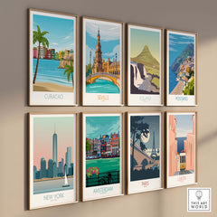 Curacao Wall Art Travel Poster displayed among other vibrant vintage travel posters on a stylish wall.