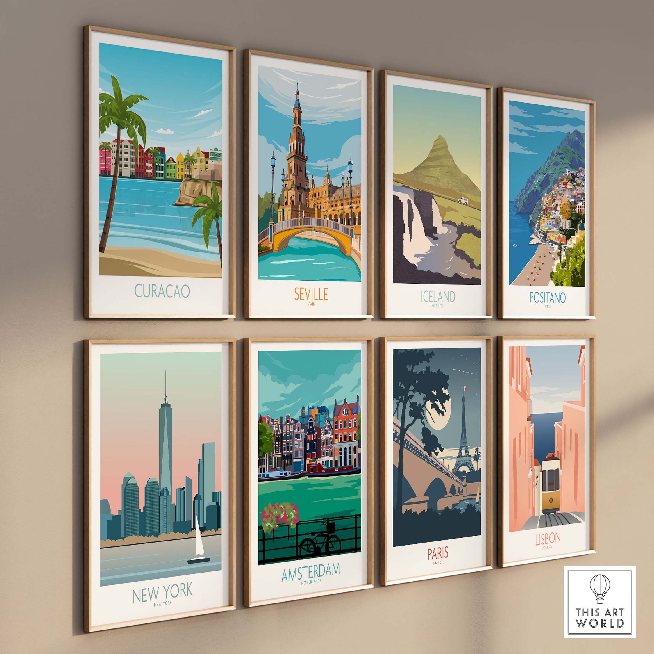 Curacao Wall Art Travel Poster displayed among other vibrant vintage travel posters on a stylish wall.