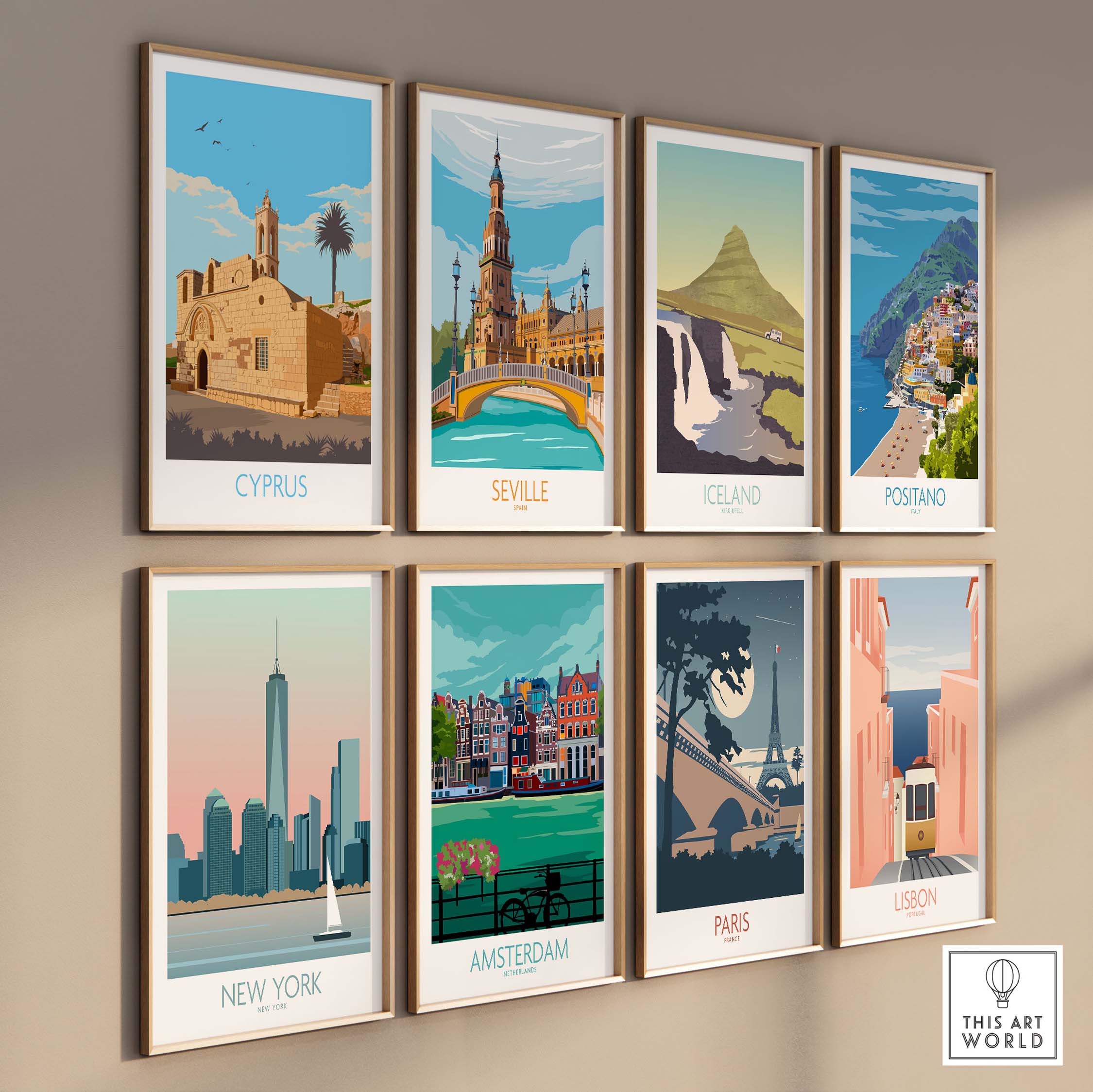 Collection of vintage travel poster prints featuring Cyprus, Seville, Iceland, Positano, New York, Amsterdam, Paris, and Lisbon.