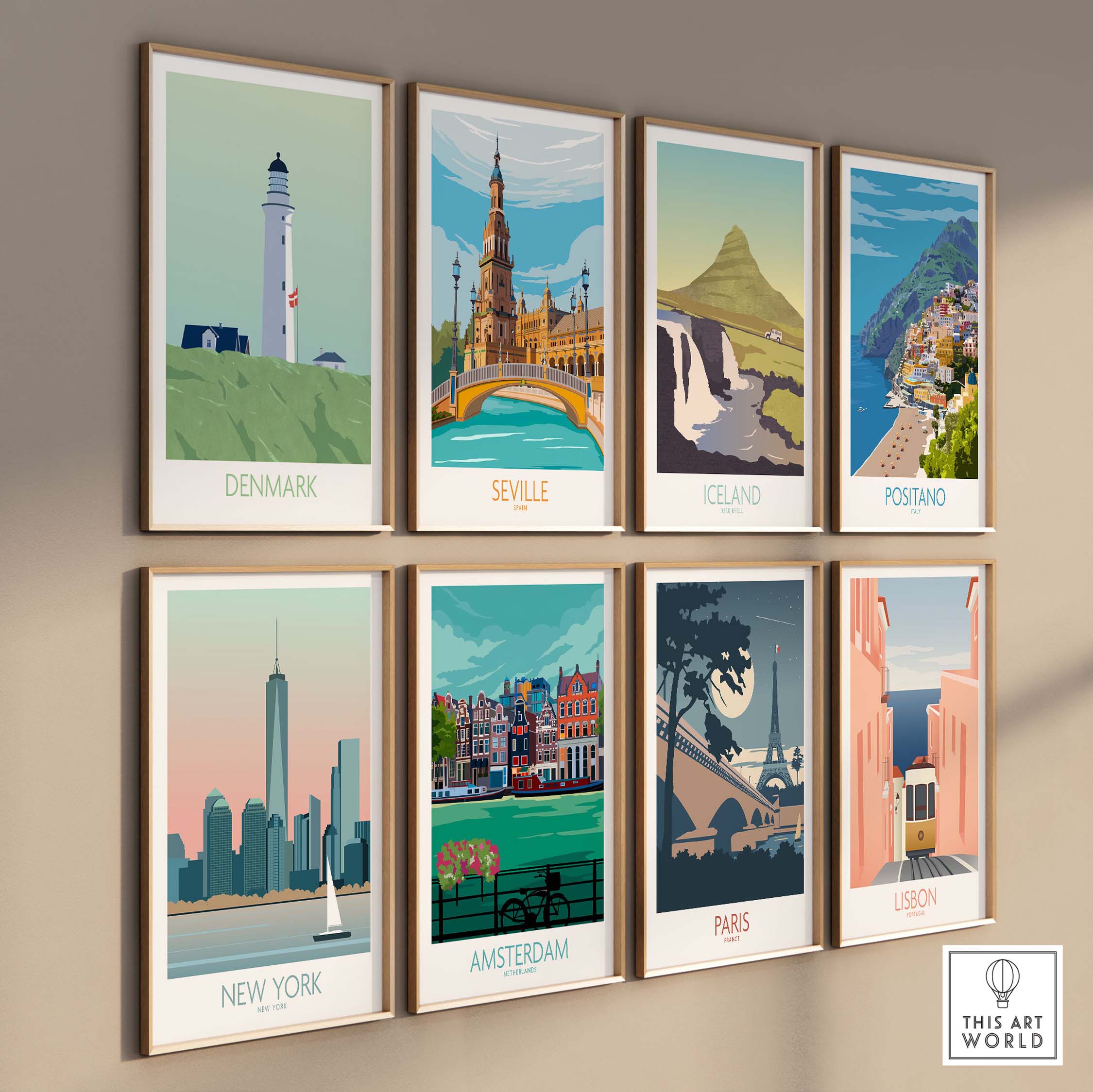 Colorful travel poster prints including Denmark, Seville, Iceland, and more, displayed in stylish frames.