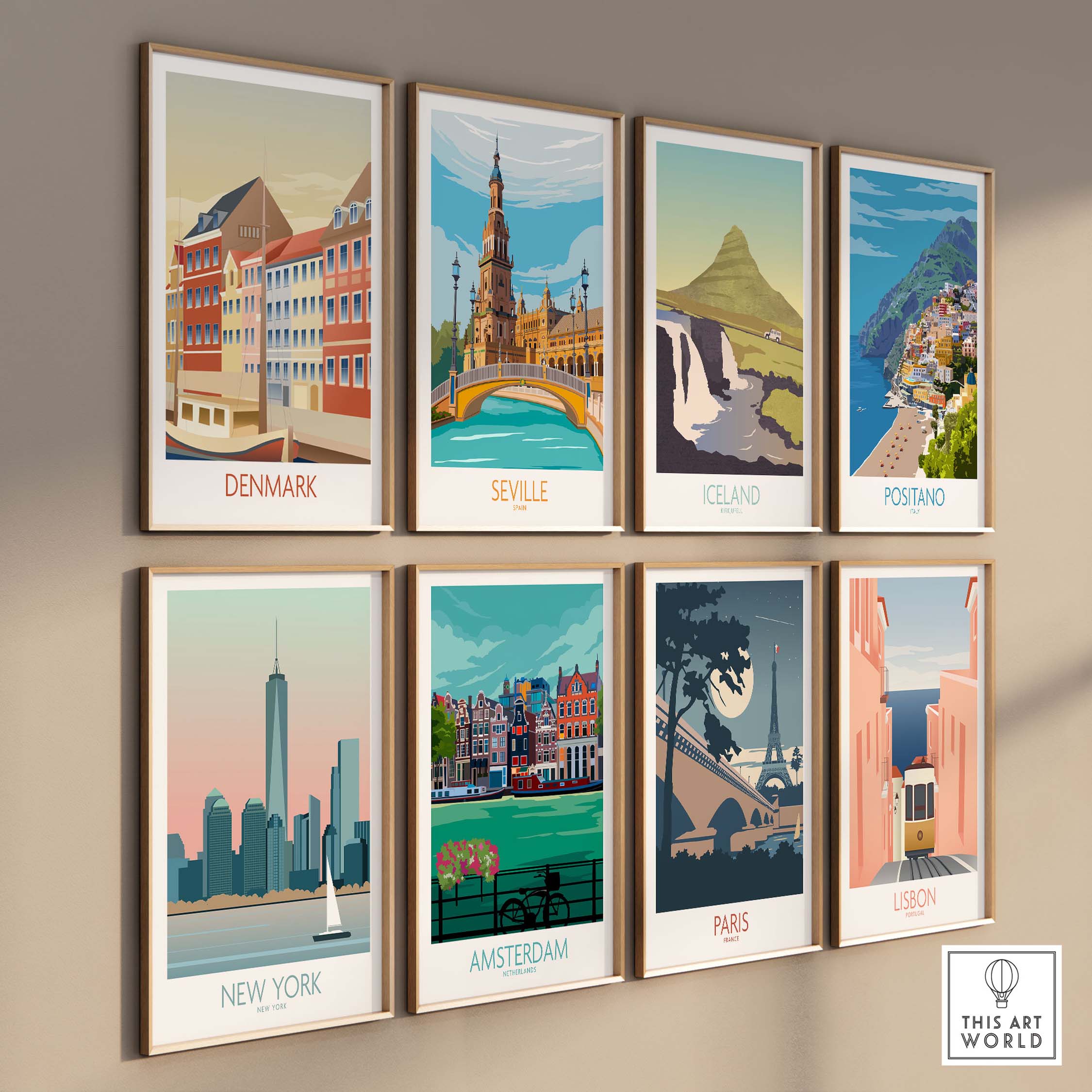 Gallery of travel poster art prints featuring Denmark, Seville, Iceland, Positano, New York, Amsterdam, Paris, and Lisbon.