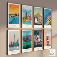 Collection of travel posters featuring Dublin, Seville, Iceland, Positano, New York, Amsterdam, Paris, and Lisbon.