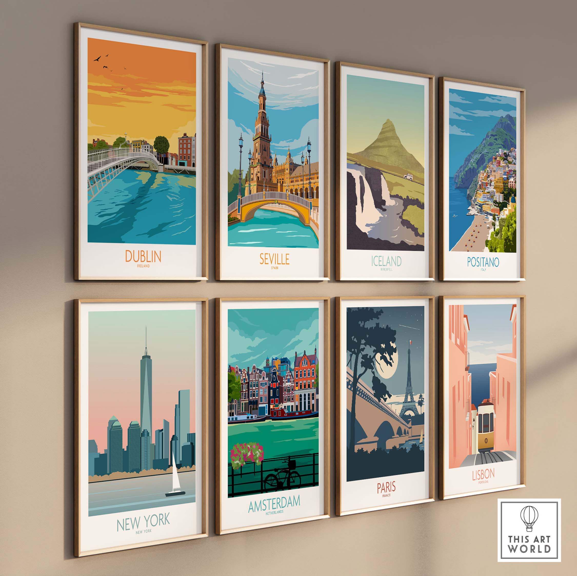 Collection of travel posters featuring Dublin, Seville, Iceland, Positano, New York, Amsterdam, Paris, and Lisbon.