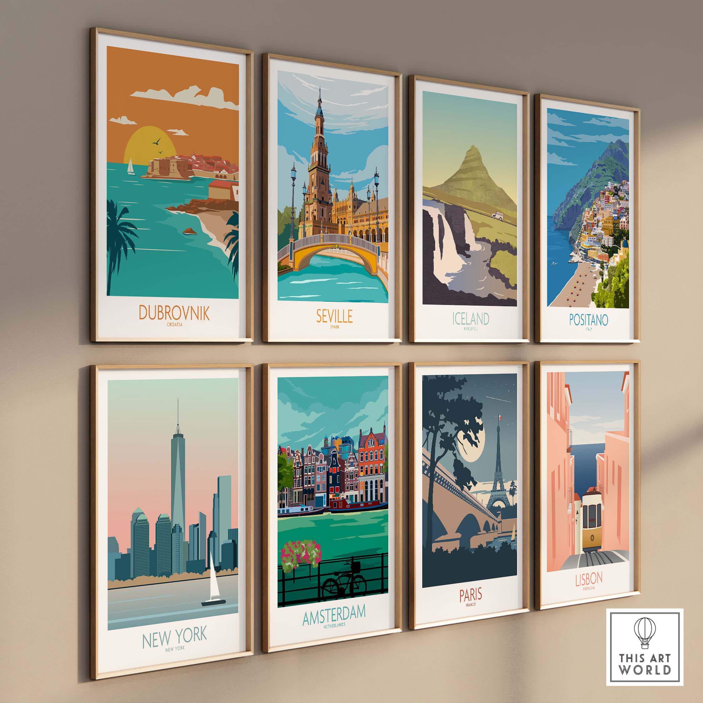 A collection of stylish travel poster prints featuring Dubrovnik, Seville, Iceland, Positano, New York, Amsterdam, Paris, and Lisbon.