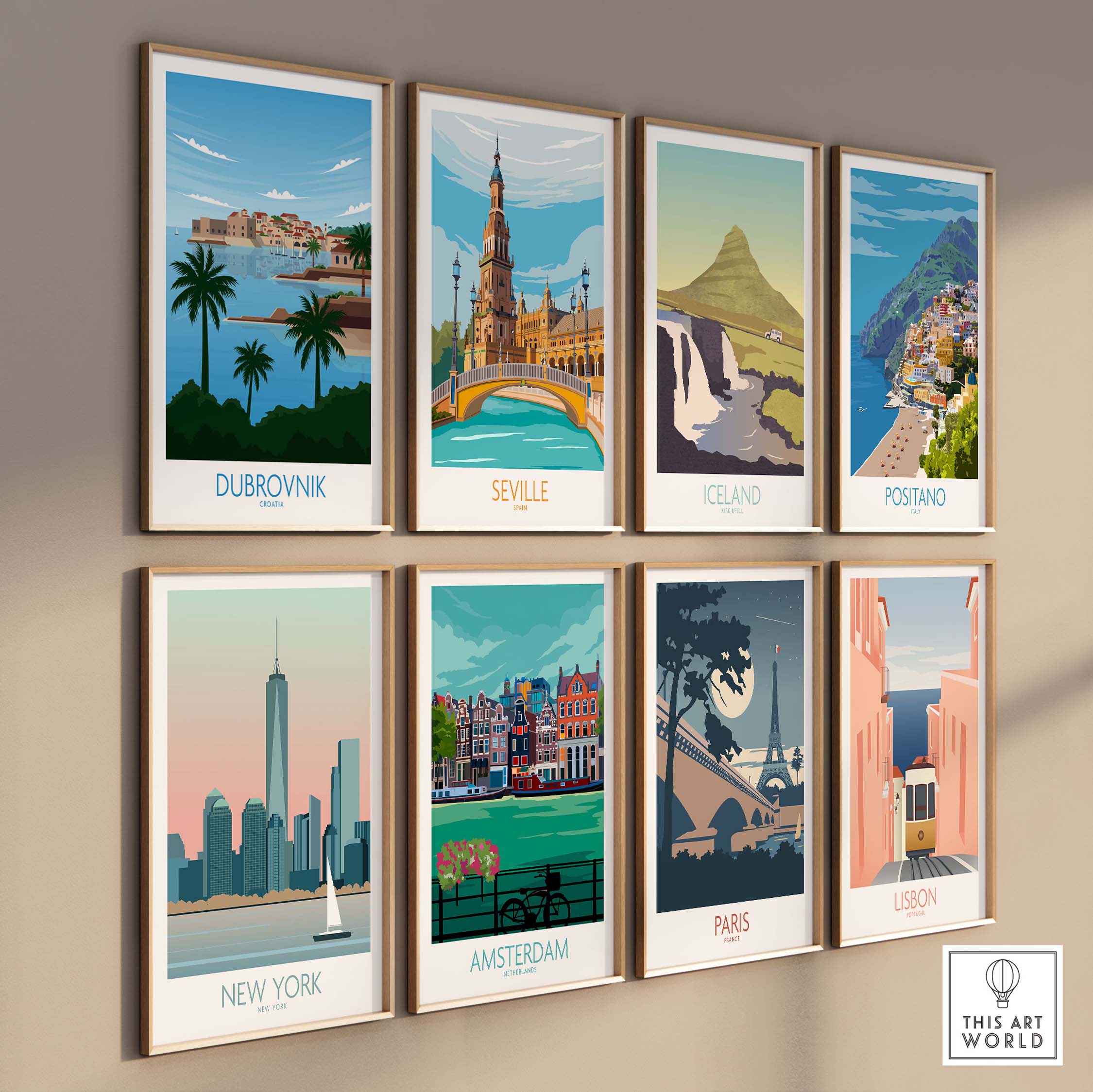 Collage of eight travel posters featuring Dubrovnik, Seville, Iceland, Positano, New York, Amsterdam, Paris, and Lisbon.