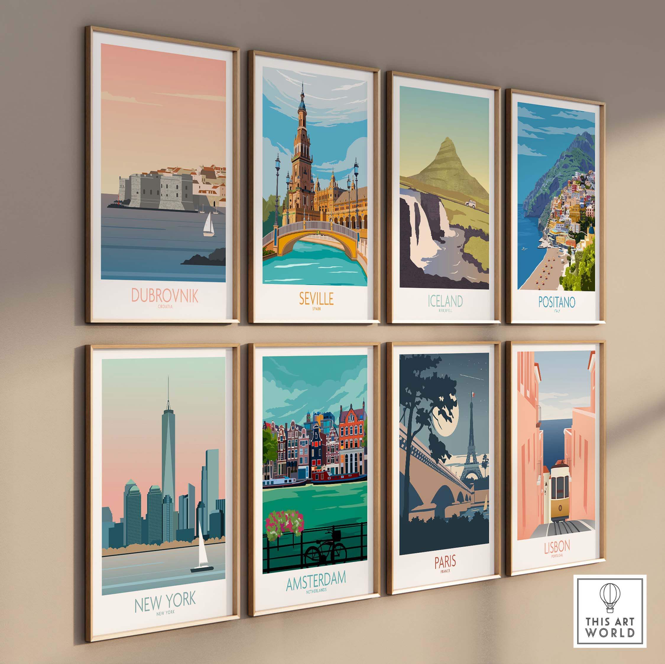 Gallery of vintage-inspired travel posters featuring Dubrovnik, Seville, Iceland, Positano, New York, Amsterdam, Paris, and Lisbon.
