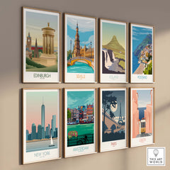 Collection of vintage travel wall art prints featuring Edinburgh, Seville, Iceland, Positano, New York, Amsterdam, Paris, and Lisbon.