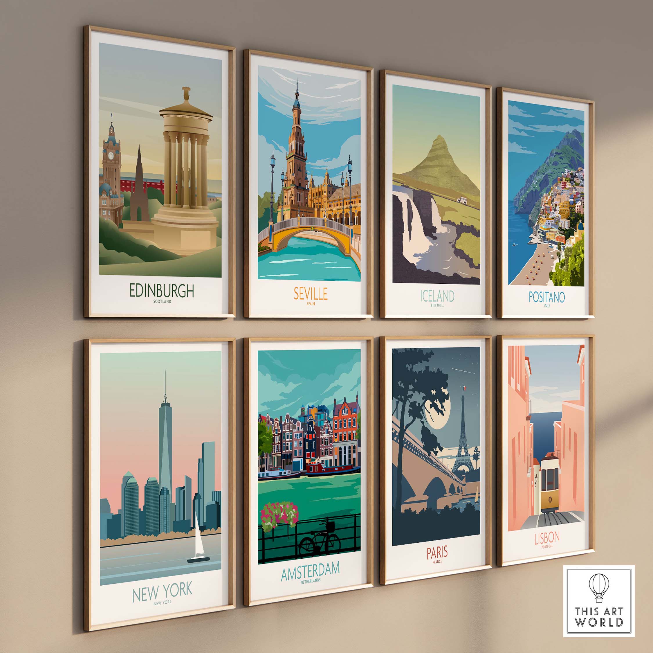 Collection of vintage travel wall art prints featuring Edinburgh, Seville, Iceland, Positano, New York, Amsterdam, Paris, and Lisbon.