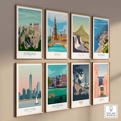 Collection of vintage-inspired travel posters featuring Edinburgh, Seville, Iceland, Positano, New York, Amsterdam, Paris, and Lisbon.