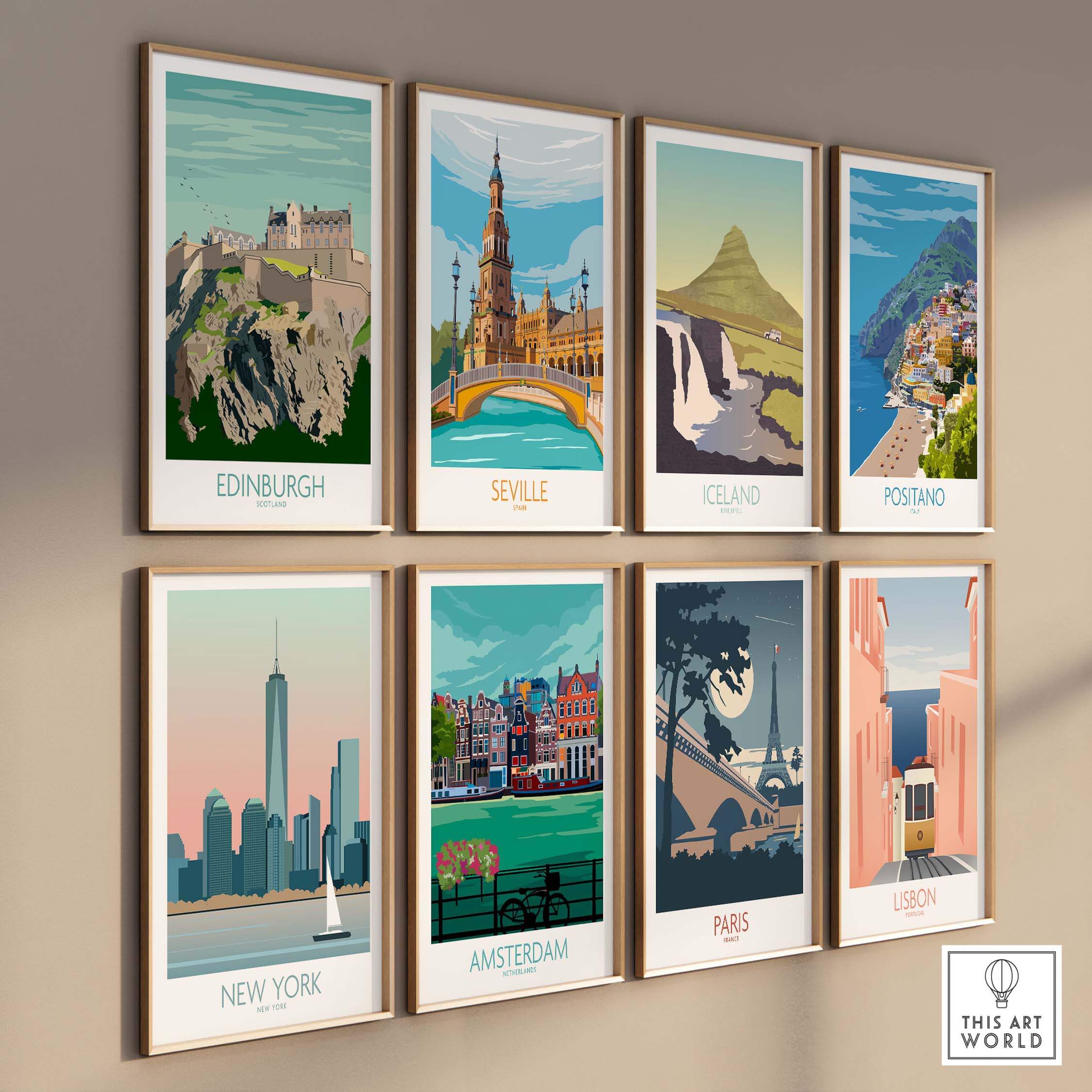 Collection of vintage-inspired travel posters featuring Edinburgh, Seville, Iceland, Positano, New York, Amsterdam, Paris, and Lisbon.