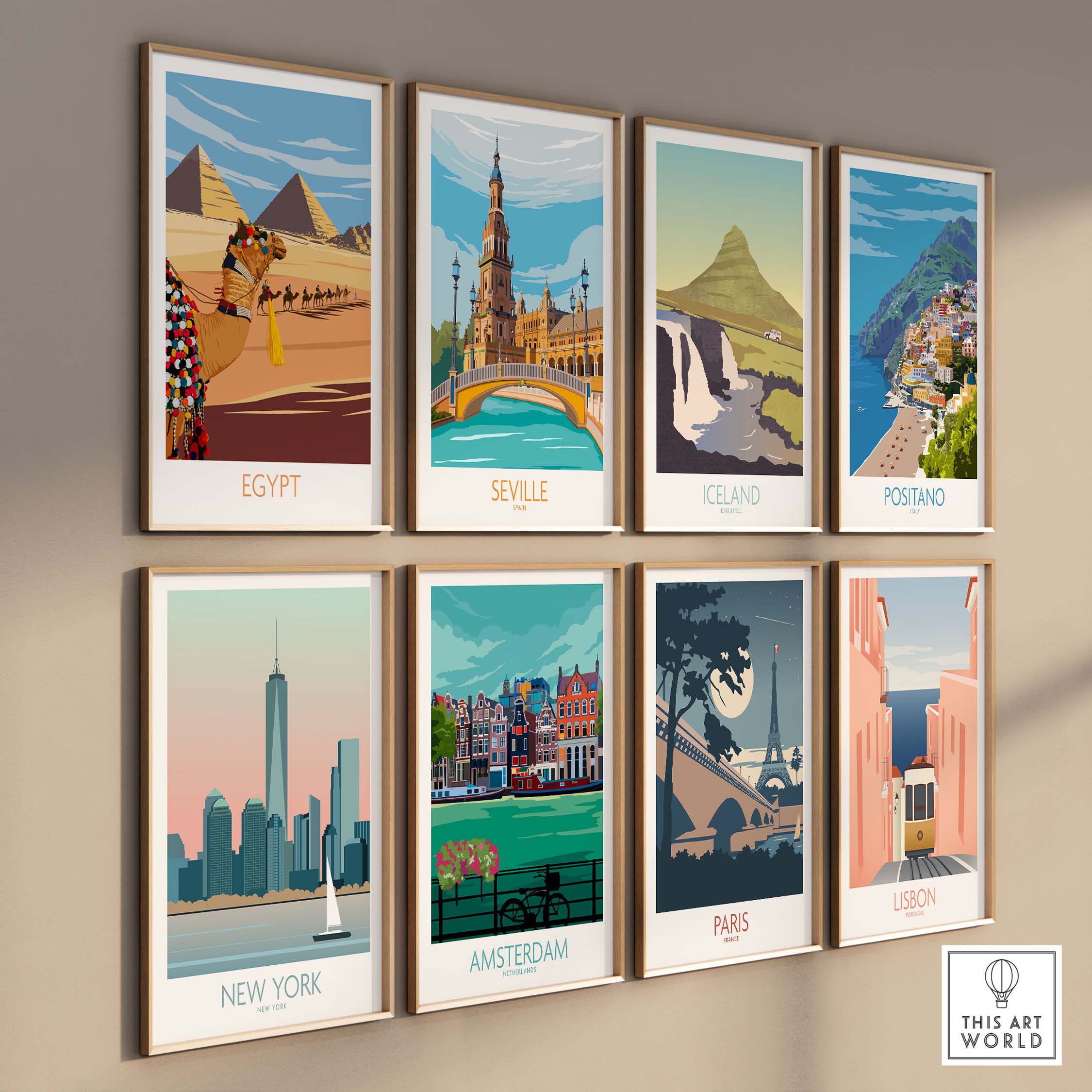 Collection of vintage travel posters including Egypt, Seville, Iceland, and more, showcasing stylish wall art.