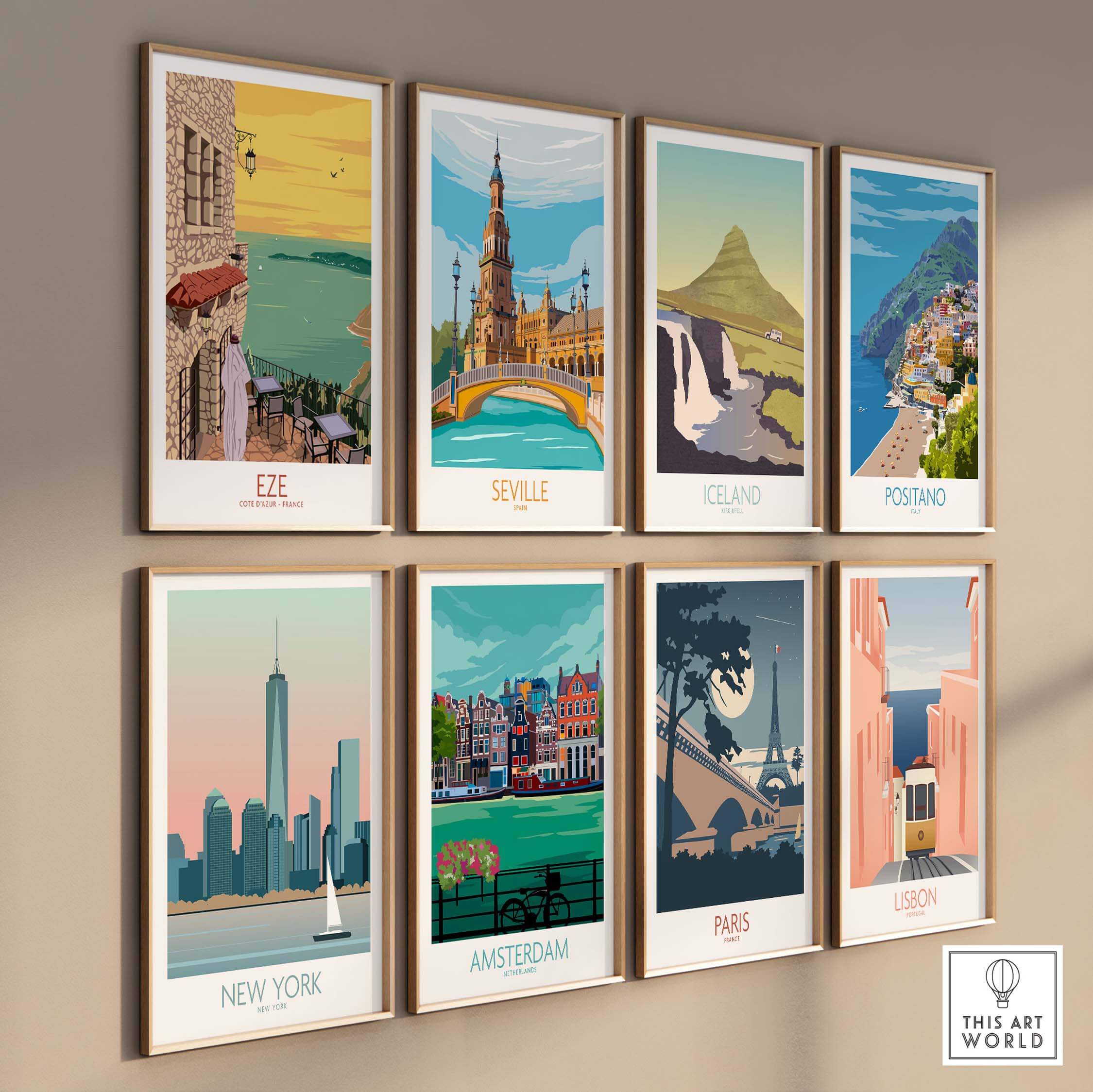 Eze Print France travel poster collection showcasing vibrant art of famous cities and landmarks.