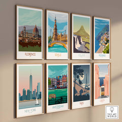 Collection of vibrant travel posters including Florence, Seville, Iceland, and more, showcasing stylish wall art.