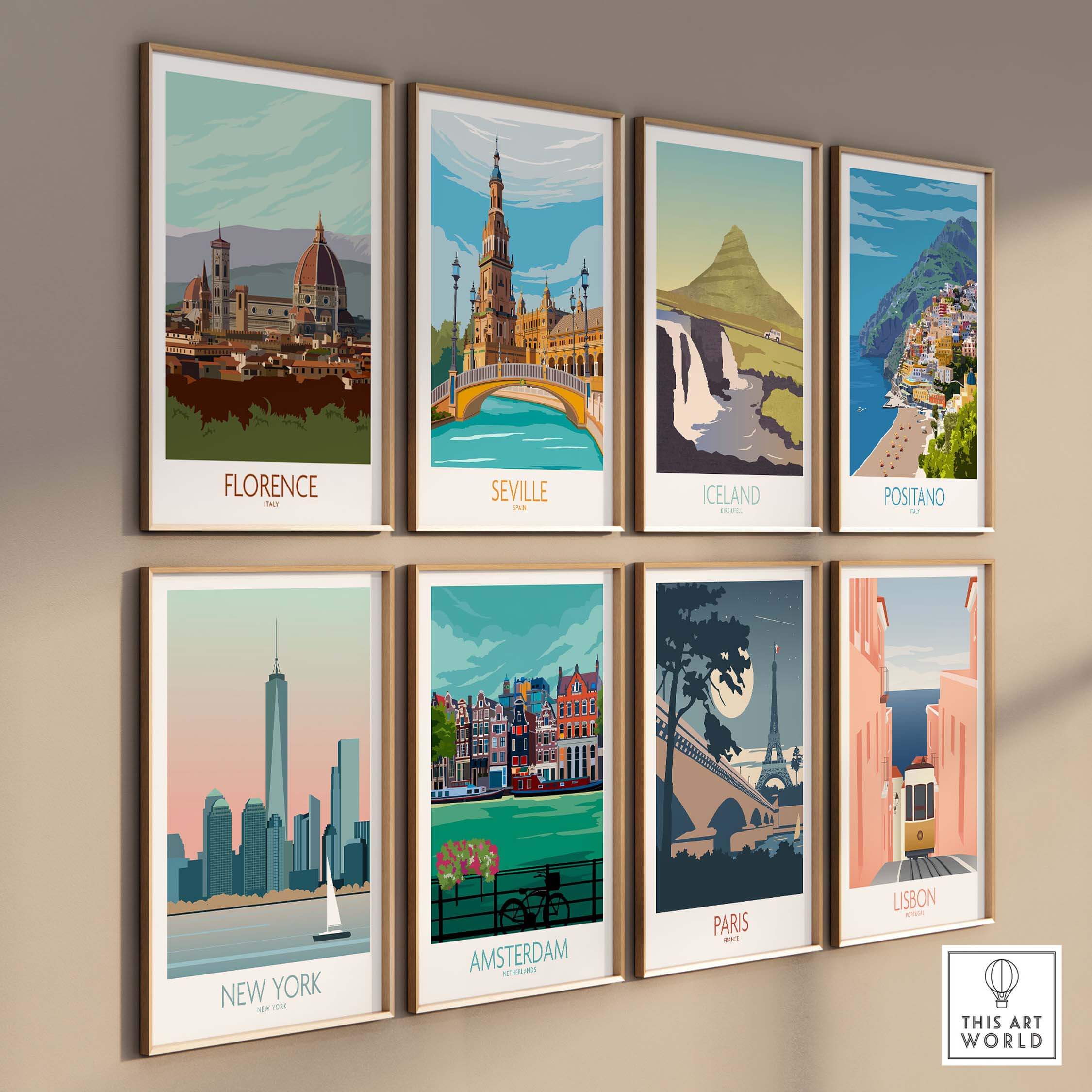 Collection of vibrant travel posters including Florence, Seville, Iceland, and more, showcasing stylish wall art.