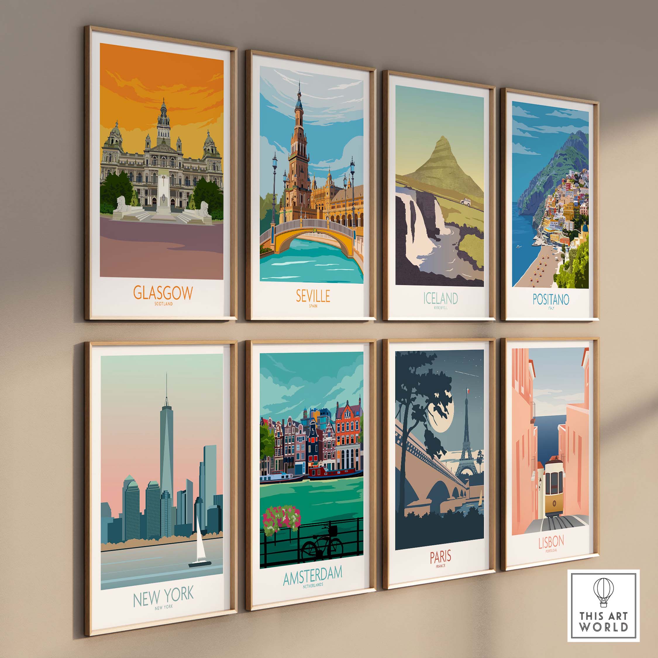 Gallery of vibrant travel poster art prints featuring Glasgow, Seville, Iceland, Positano, New York, Amsterdam, Paris, and Lisbon.