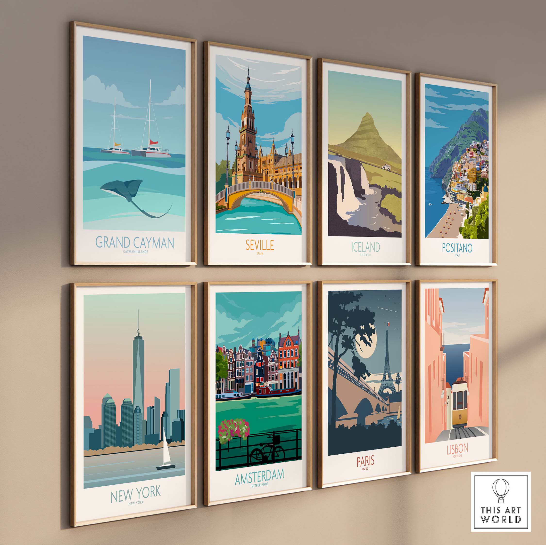 Gallery of vintage travel posters including Grand Cayman, Seville, Iceland, and more, perfect for home decor.