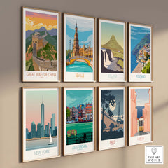 Great Wall of China Print and vintage travel posters showcasing iconic destinations on a stylish wall.