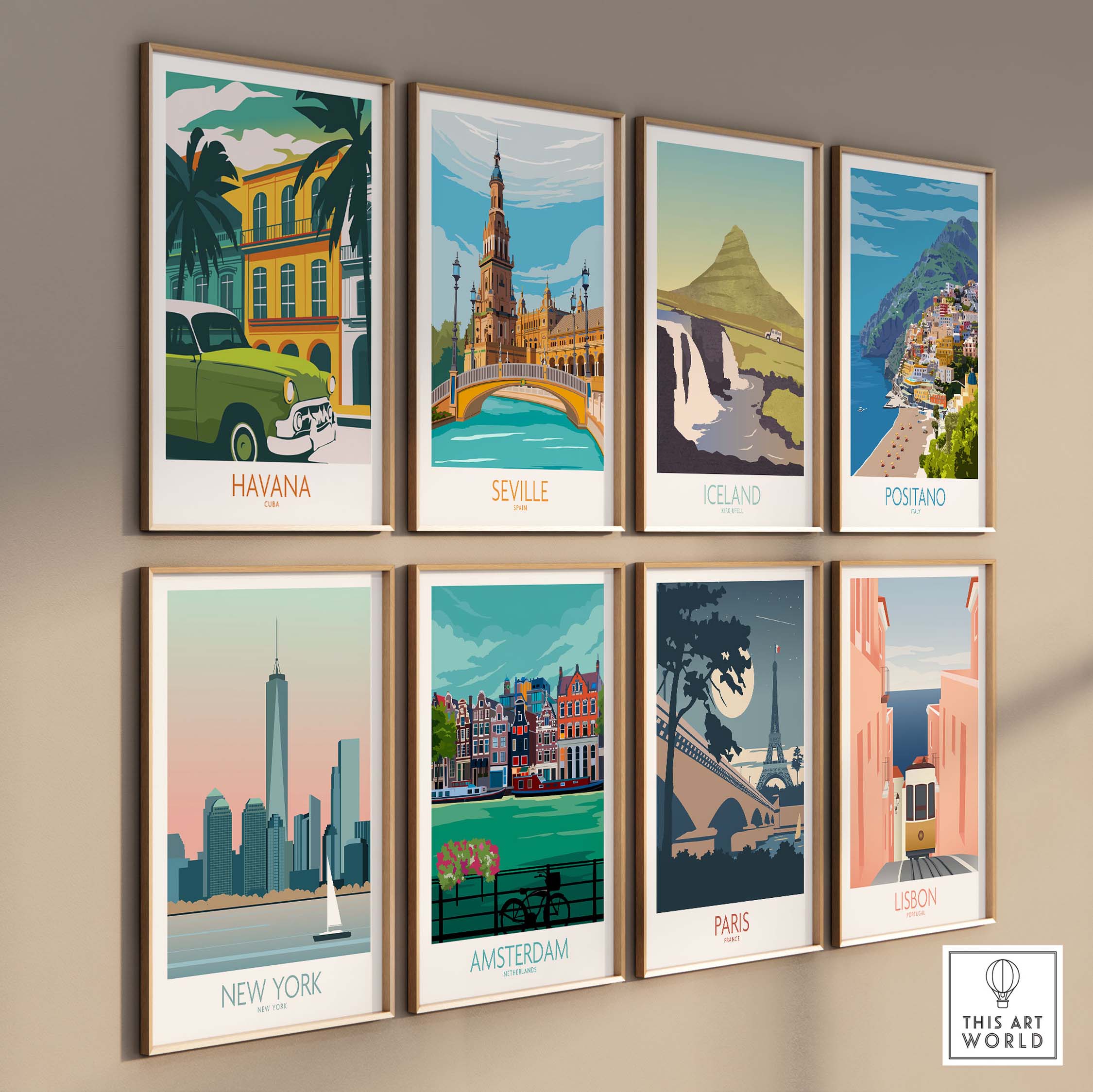 Wall display of vintage travel poster prints featuring Havana, Seville, Iceland, Positano, New York, Amsterdam, Paris, and Lisbon.