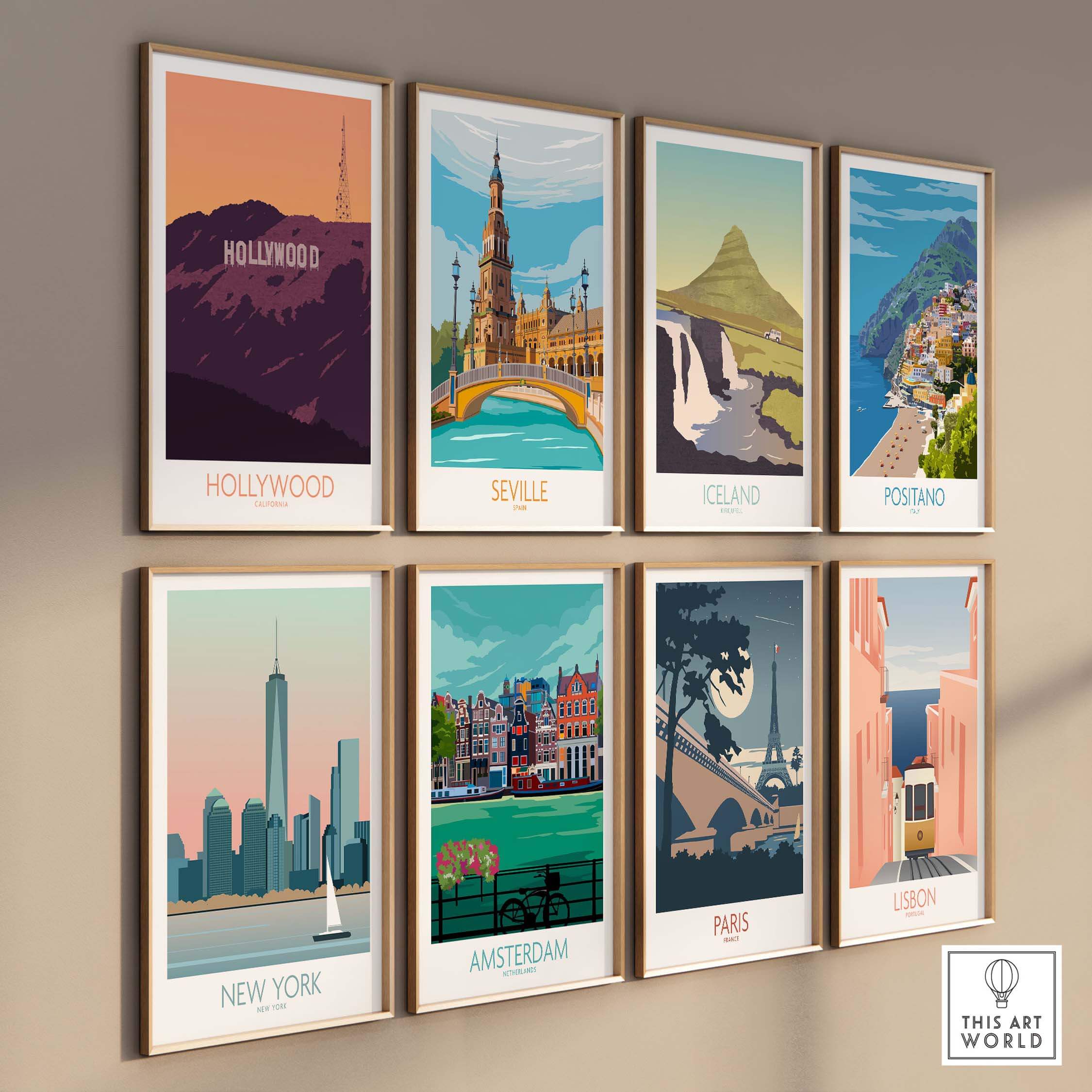 Gallery of vintage travel posters featuring iconic cities including Hollywood, New York, Paris, and more.