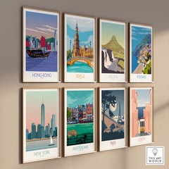 Gallery of vintage travel posters featuring Hong Kong, Seville, Iceland, Positano, New York, Amsterdam, Paris, and Lisbon.