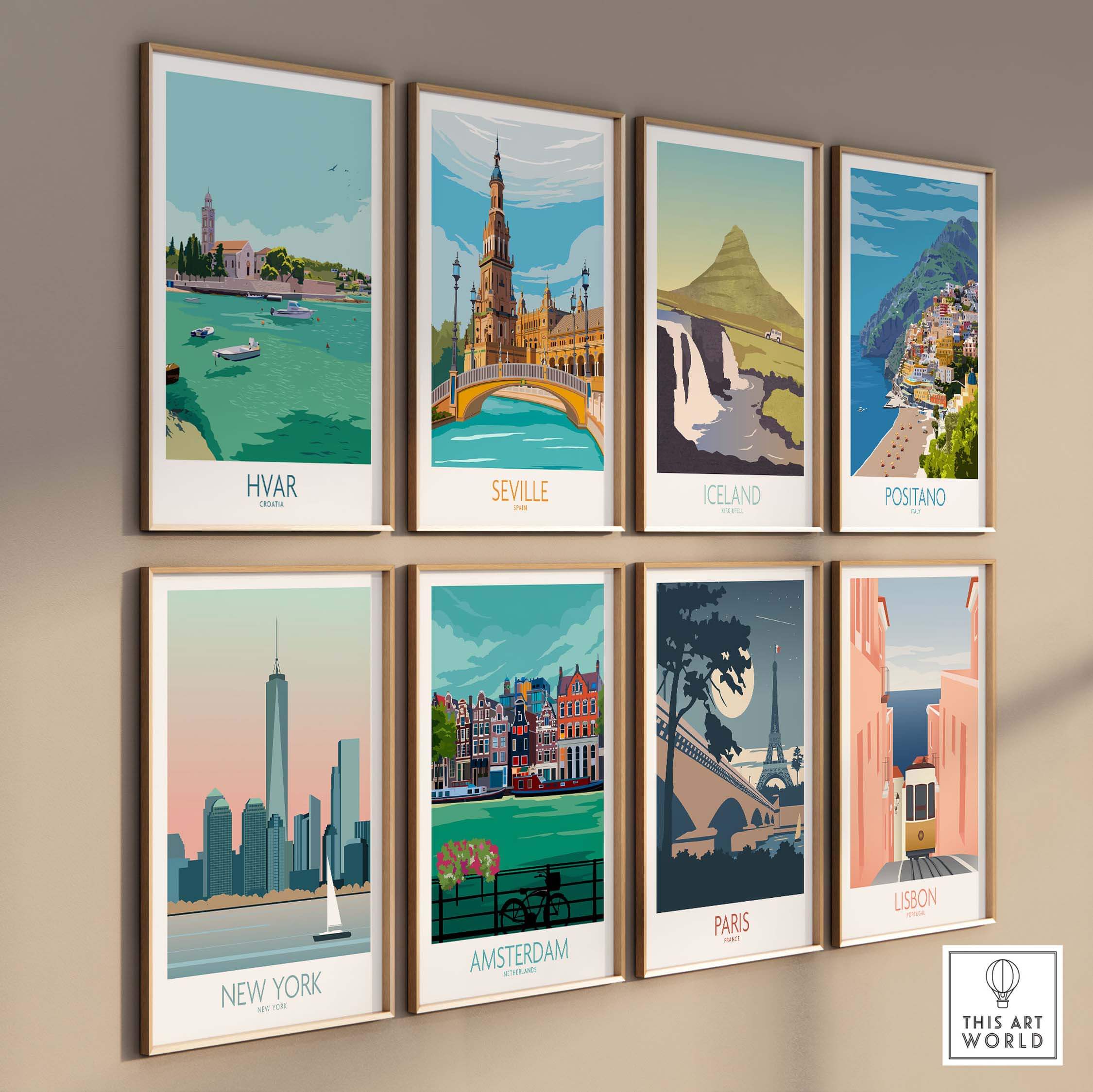 Colorful travel posters including Hvar, Seville, Iceland, Positano, New York, Amsterdam, Paris, and Lisbon on a wall.
