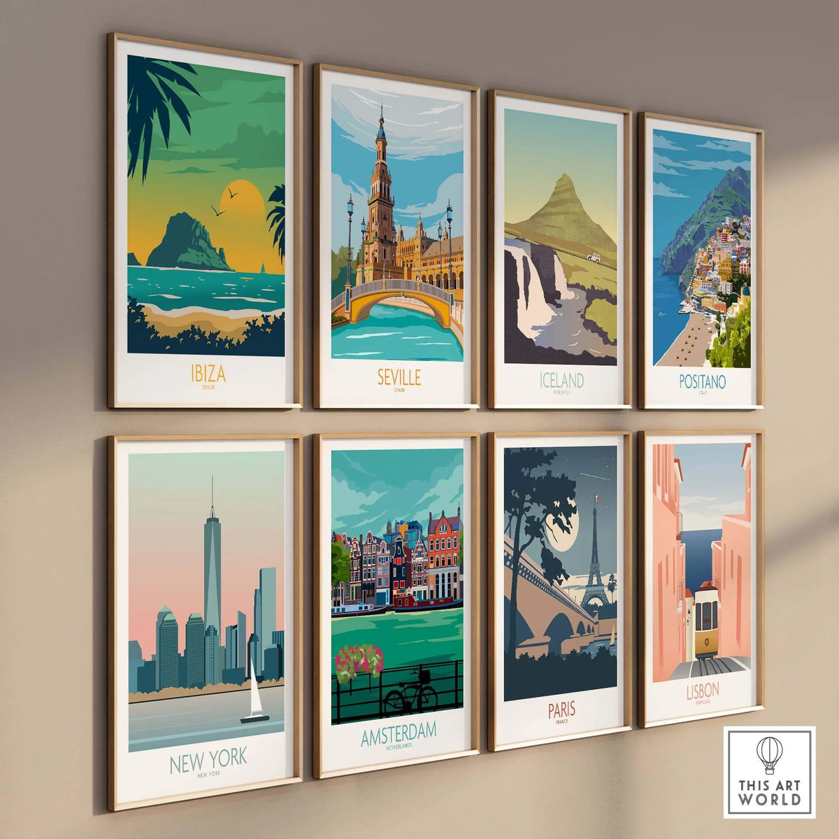 Collection of vibrant travel posters featuring Ibiza, Seville, Iceland, Positano, New York, Amsterdam, Paris, and Lisbon.