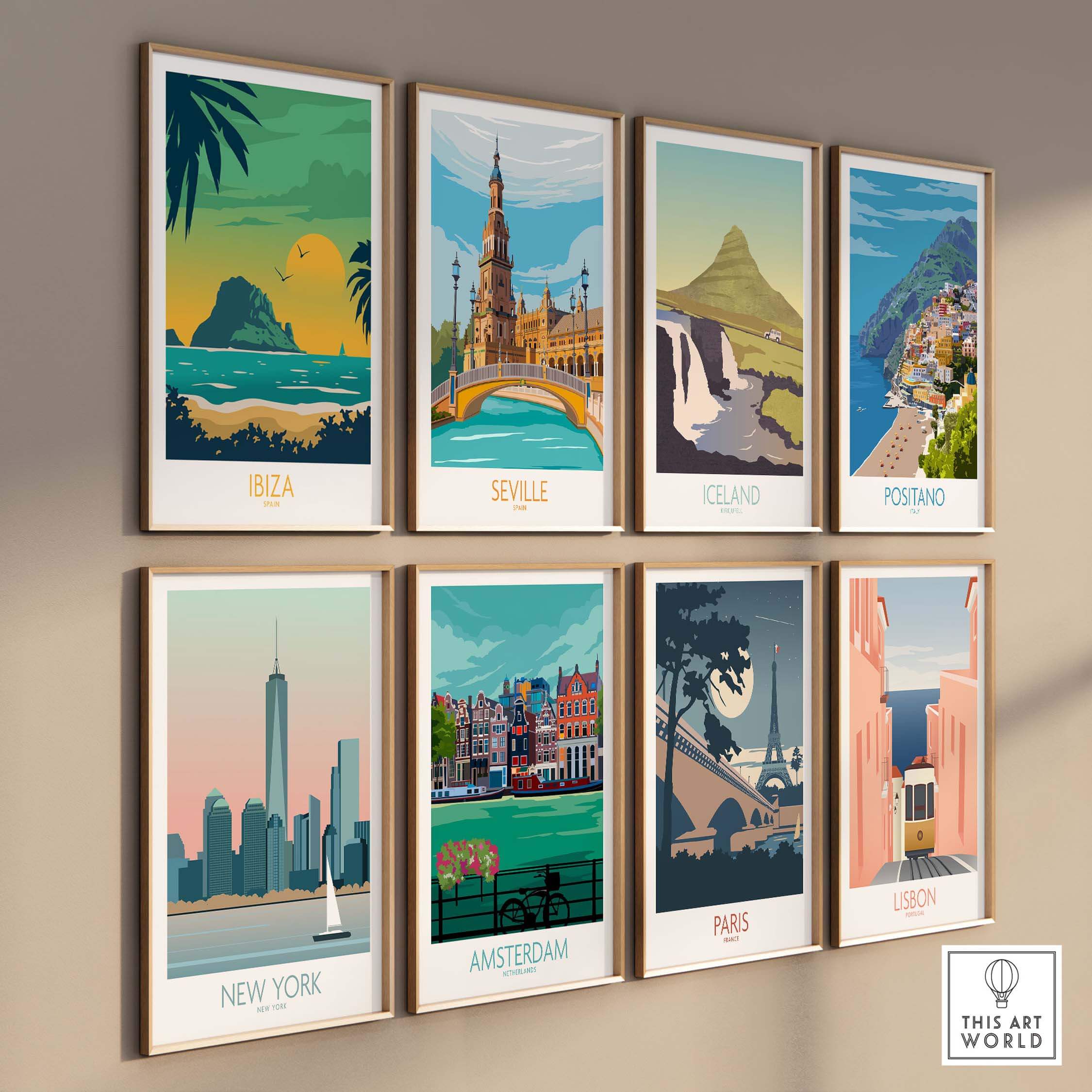 Collection of vibrant travel posters featuring Ibiza, Seville, Iceland, Positano, New York, Amsterdam, Paris, and Lisbon.