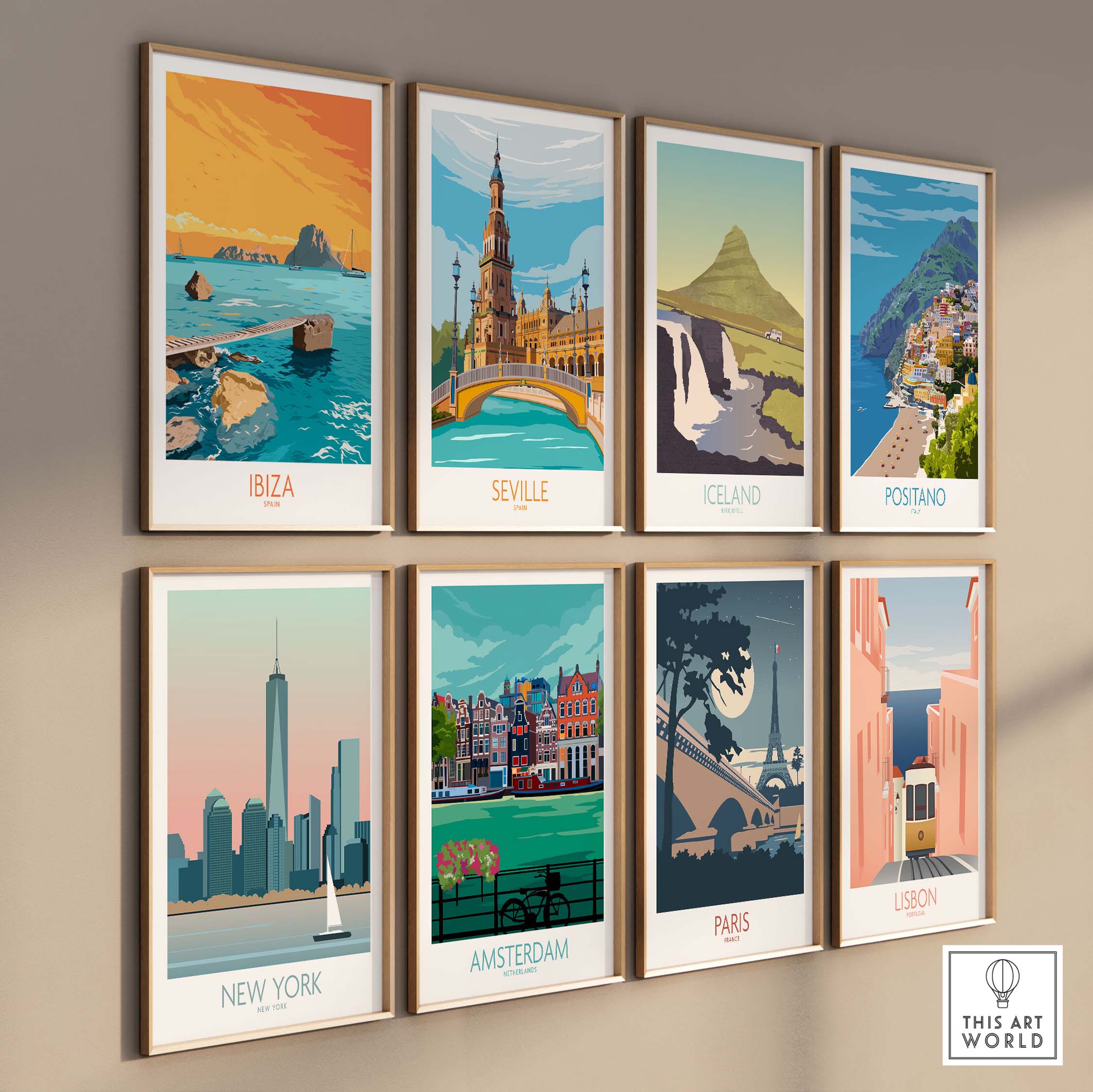 Framed vintage travel posters featuring Ibiza, Seville, Iceland, Positano, New York, Amsterdam, Paris, and Lisbon.