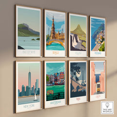 Isle of Skye and other vintage travel posters framed on a wall, showcasing scenic destinations like Paris and New York.