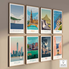 Collection of vintage travel art prints featuring Isle of Wight, Seville, Iceland, New York, and more.