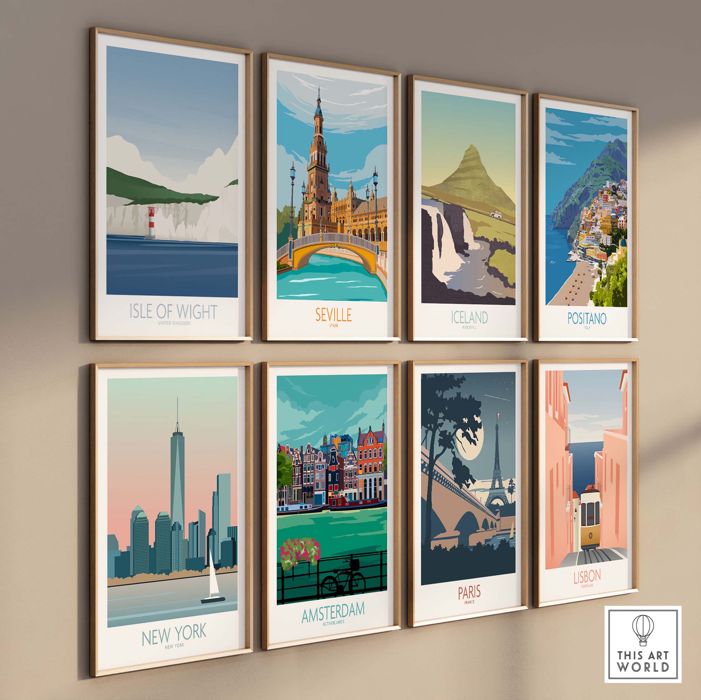 Collection of vintage travel art prints featuring Isle of Wight, Seville, Iceland, New York, and more.