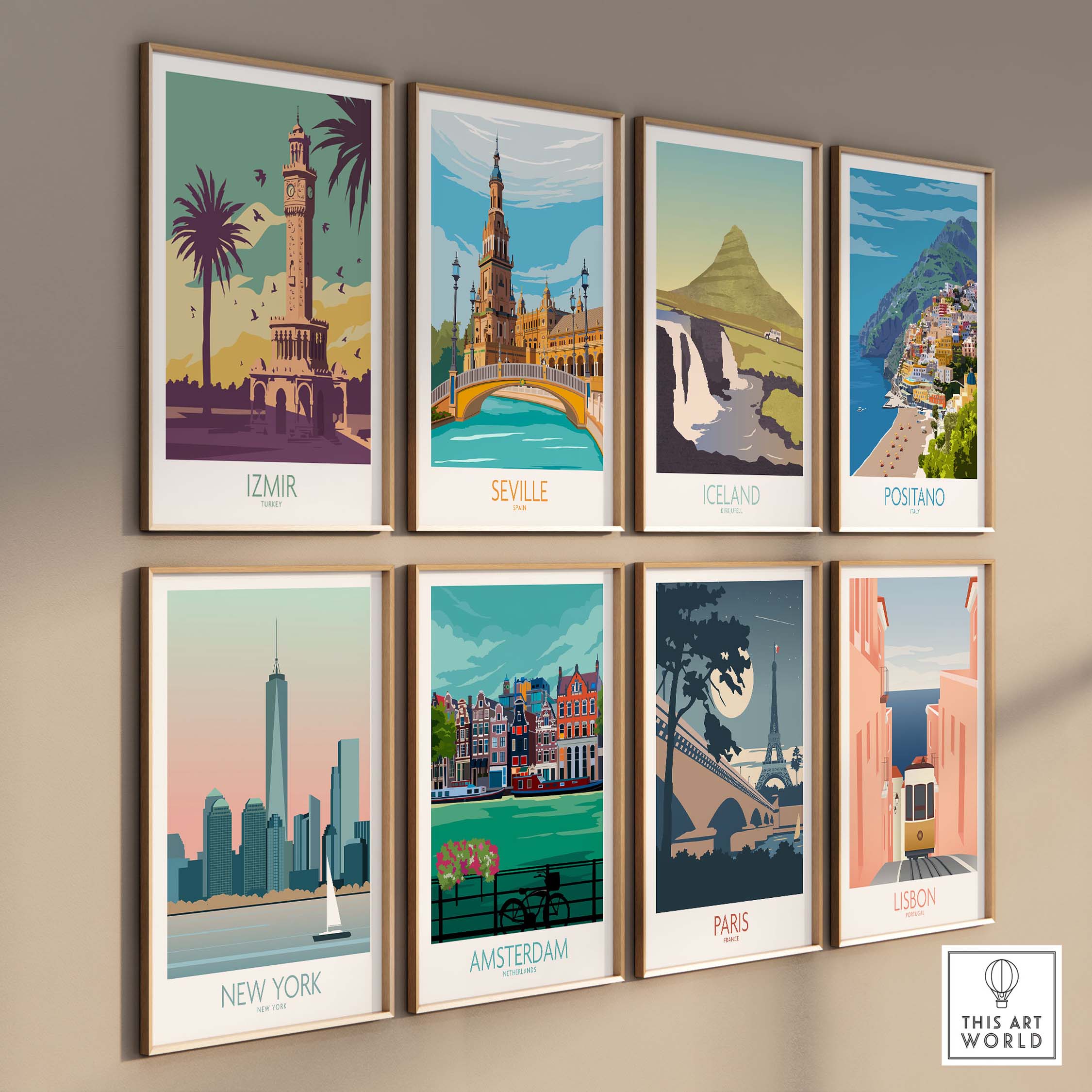 Vintage travel posters including Izmir, Seville, Iceland, Positano, New York, Amsterdam, Paris, and Lisbon.