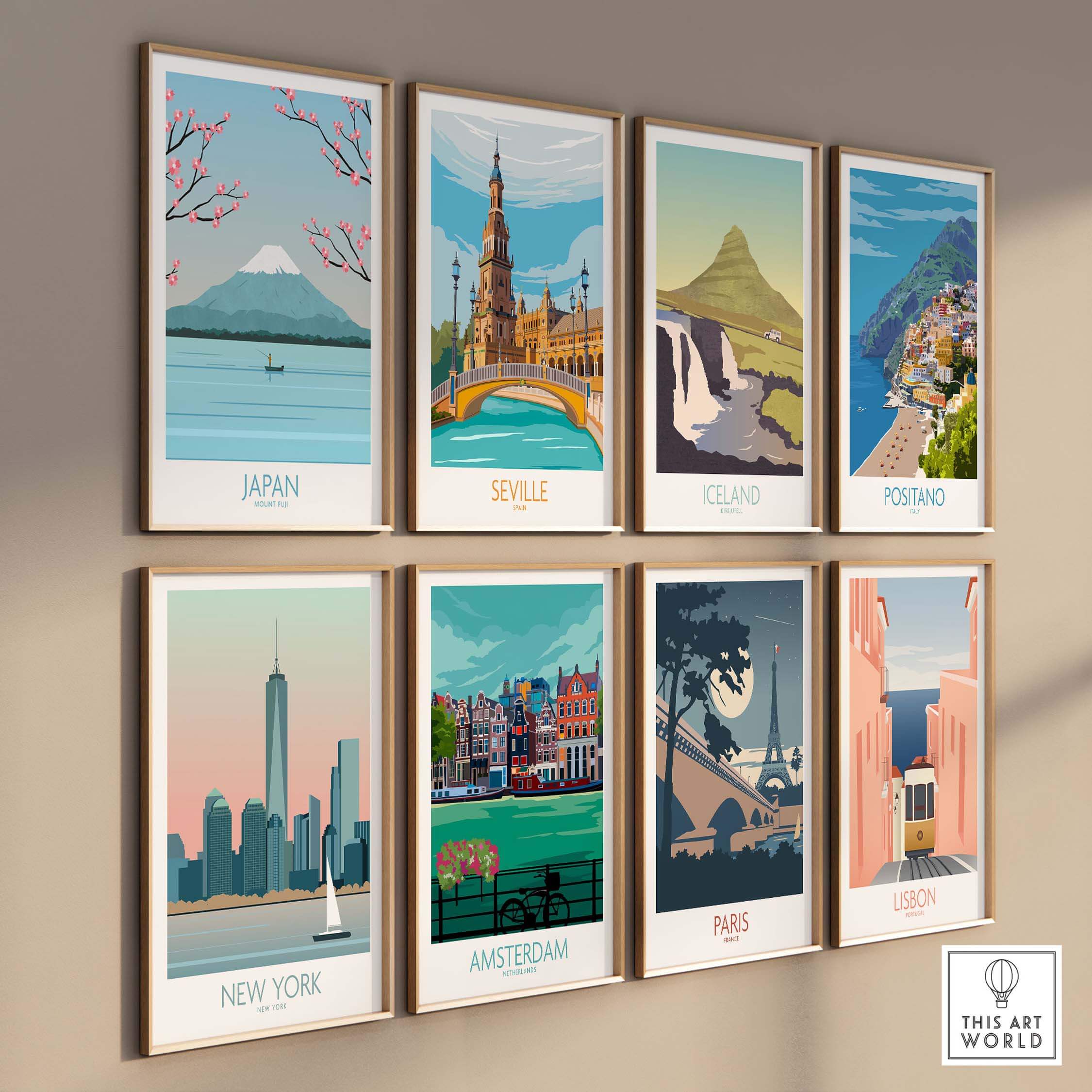 Gallery of travel posters featuring Japan's Mount Fuji, Seville, Iceland, Positano, New York, Amsterdam, Paris, and Lisbon.