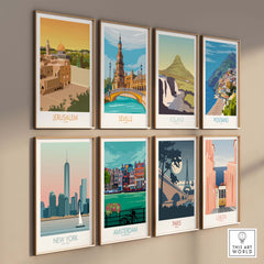 Collection of vintage travel posters featuring Jerusalem, Seville, Iceland, and more in a minimalist style.